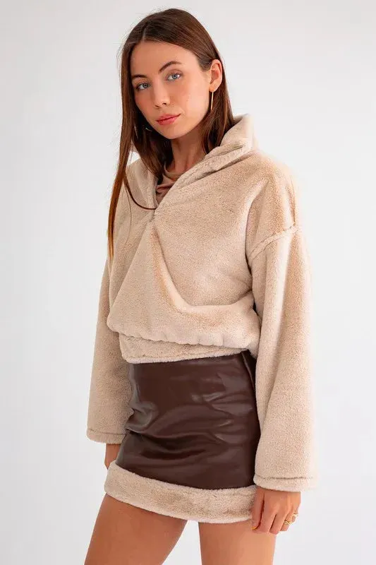 Vegan Fur Half Zip Up Elastic Waist Fuzzy Jacket