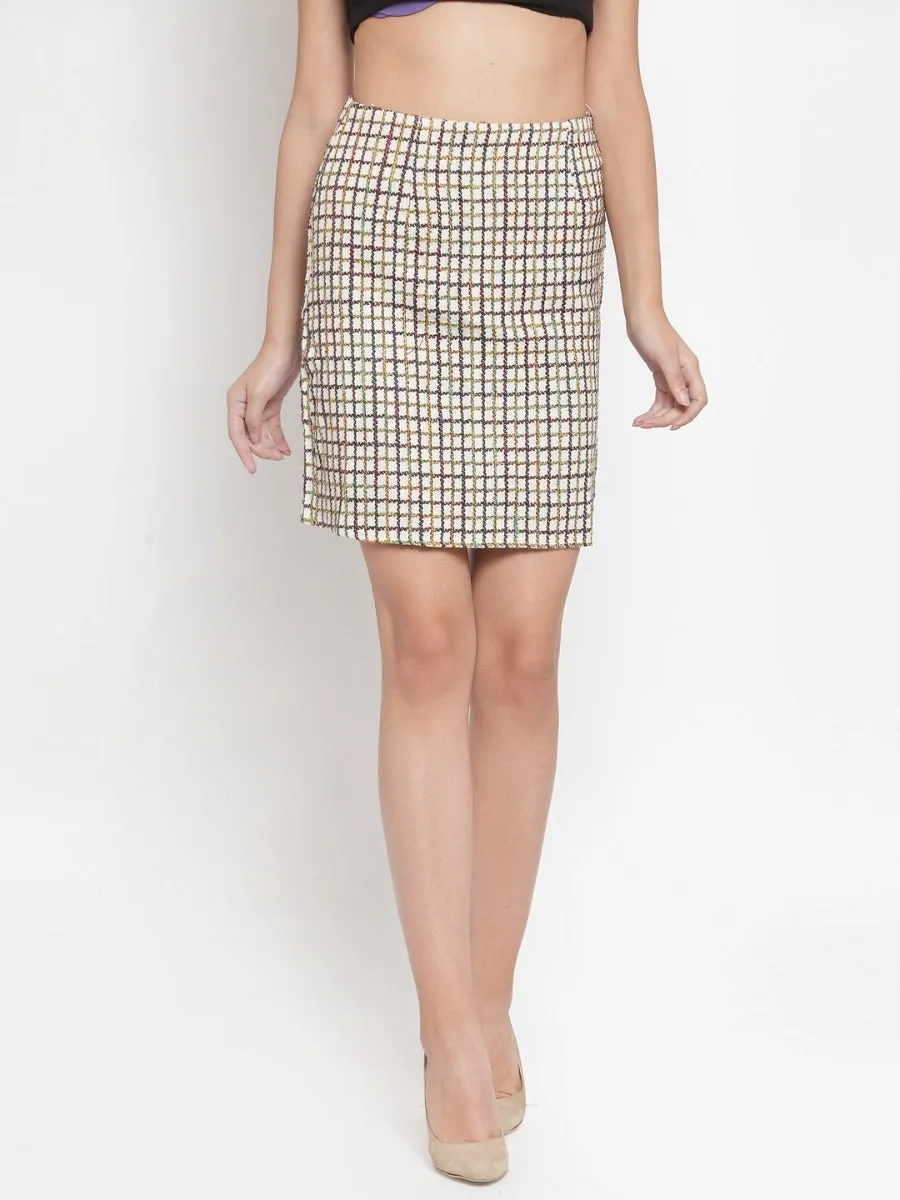 Women Checked Beige Texture Skirt