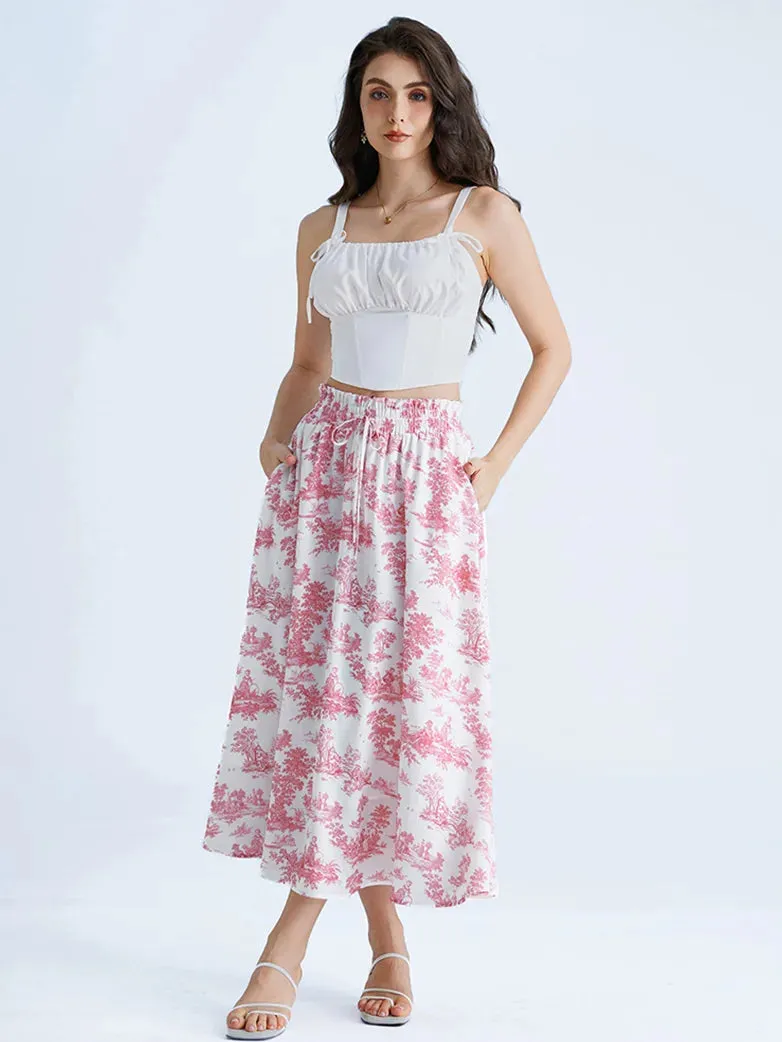 Women Elastic Drawstring Waist Pocket Skirts Floral Swing Skirt