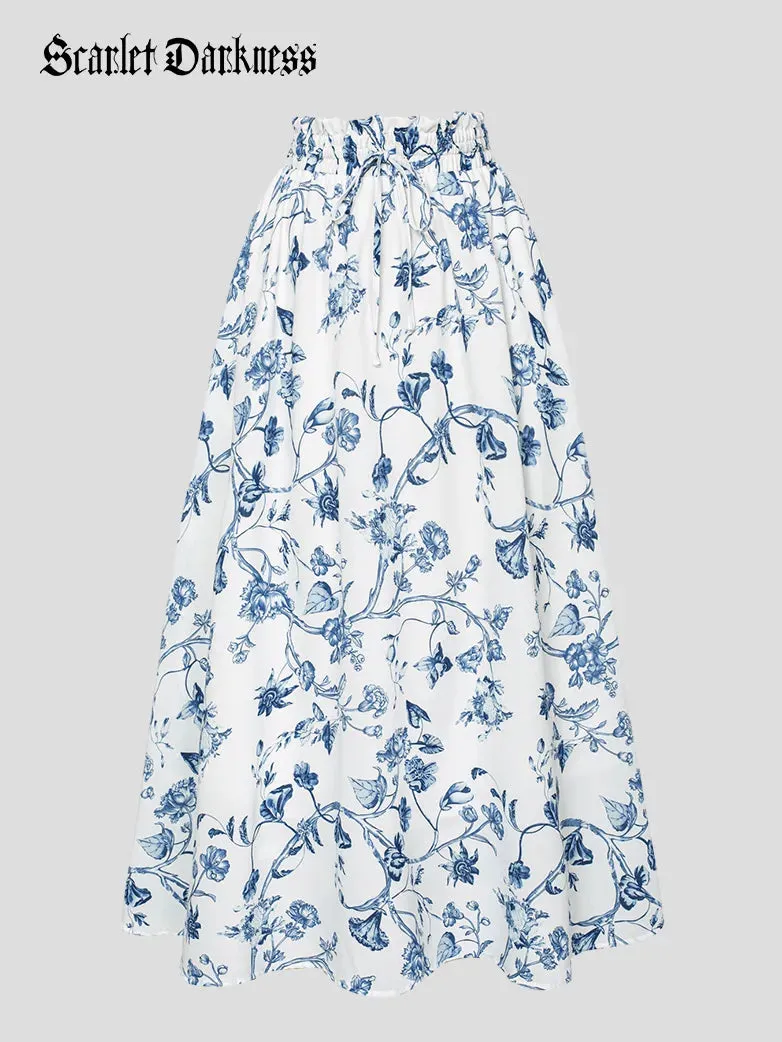 Women Elastic Drawstring Waist Pocket Skirts Floral Swing Skirt