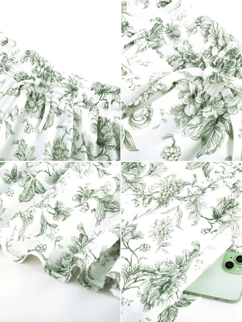 Women Elastic Drawstring Waist Pocket Skirts Floral Swing Skirt