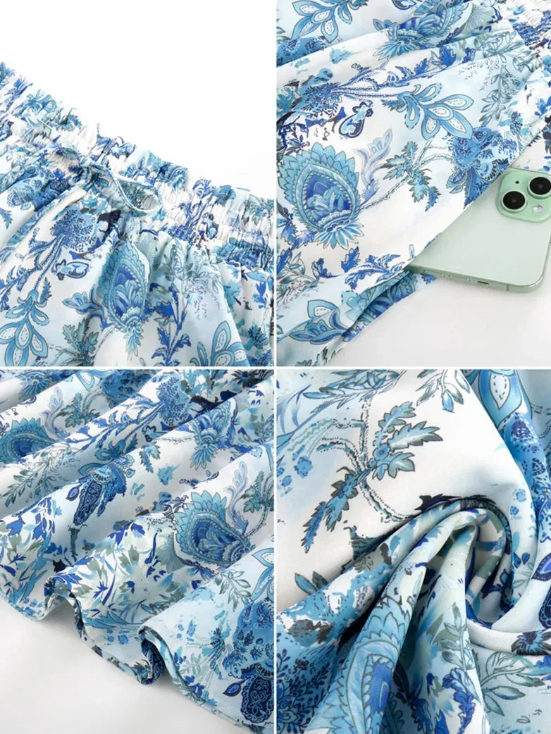 Women Elastic Drawstring Waist Pocket Skirts Floral Swing Skirt