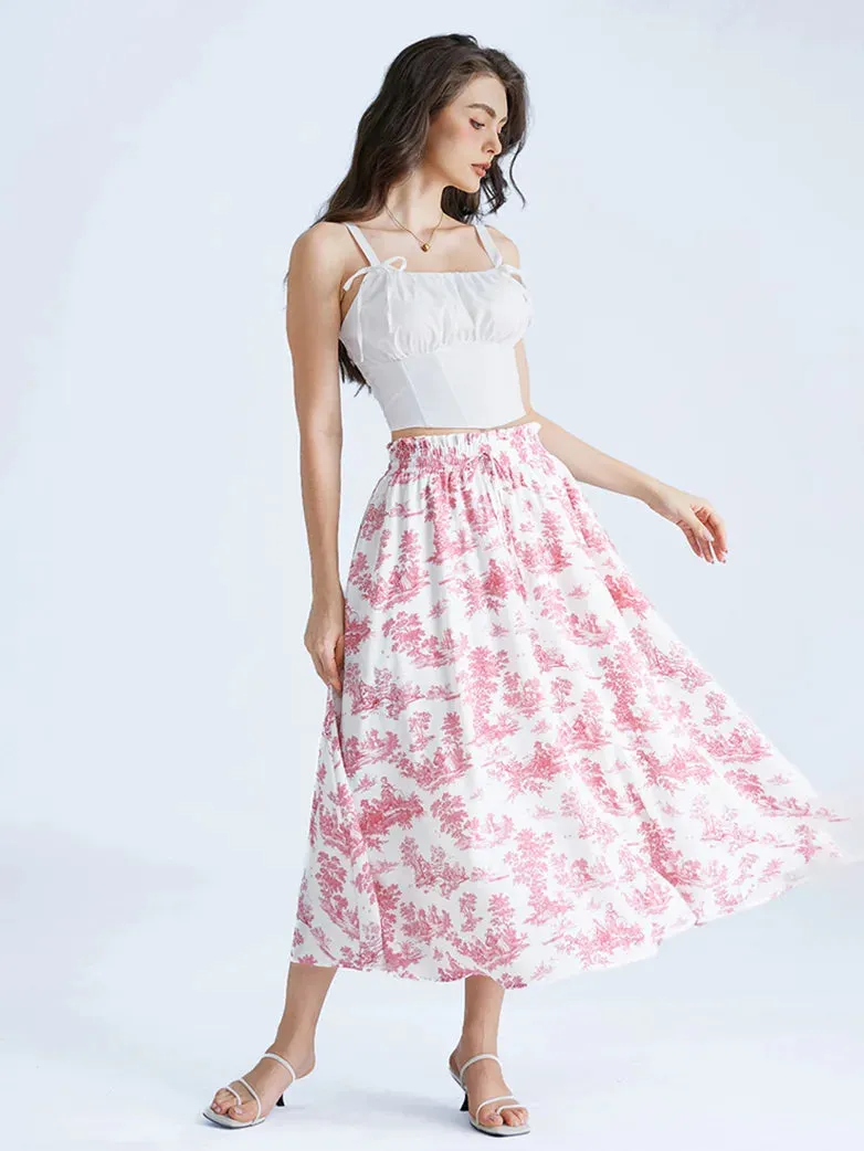 Women Elastic Drawstring Waist Pocket Skirts Floral Swing Skirt