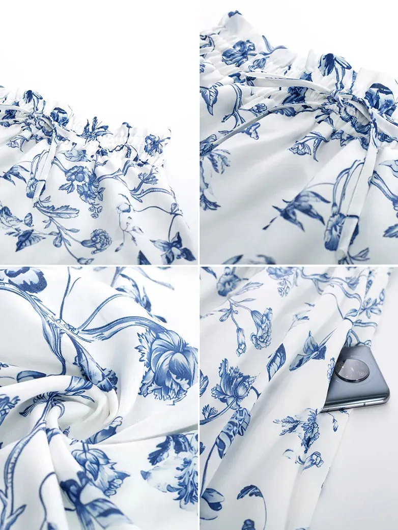 Women Elastic Drawstring Waist Pocket Skirts Floral Swing Skirt