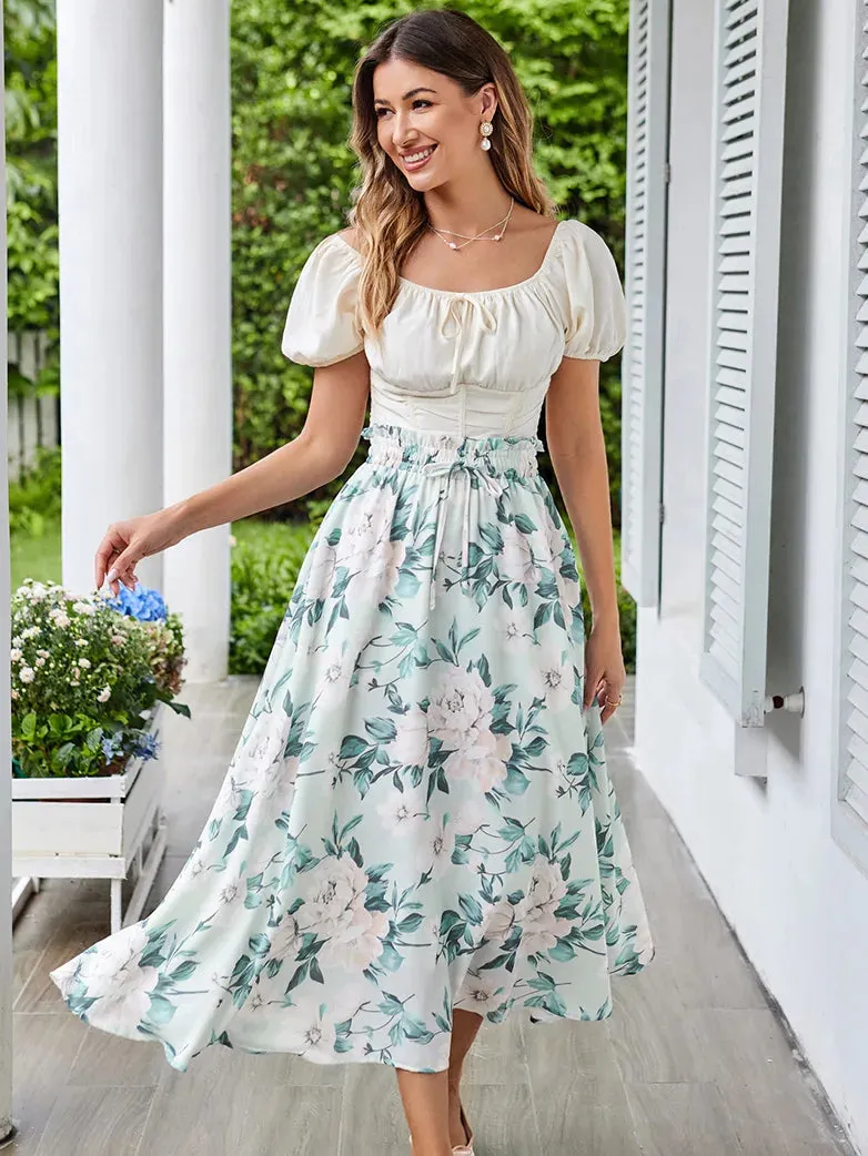 Women Elastic Drawstring Waist Pocket Skirts Floral Swing Skirt