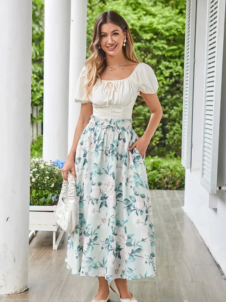 Women Elastic Drawstring Waist Pocket Skirts Floral Swing Skirt