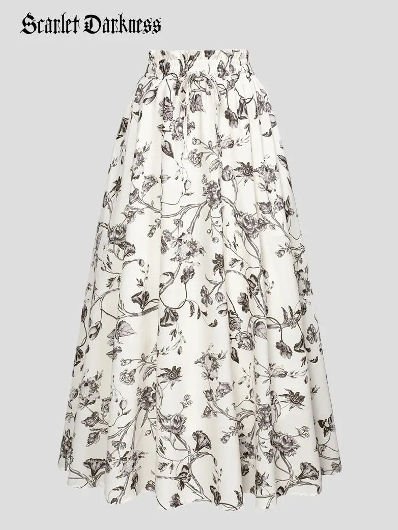 Women Elastic Drawstring Waist Pocket Skirts Floral Swing Skirt