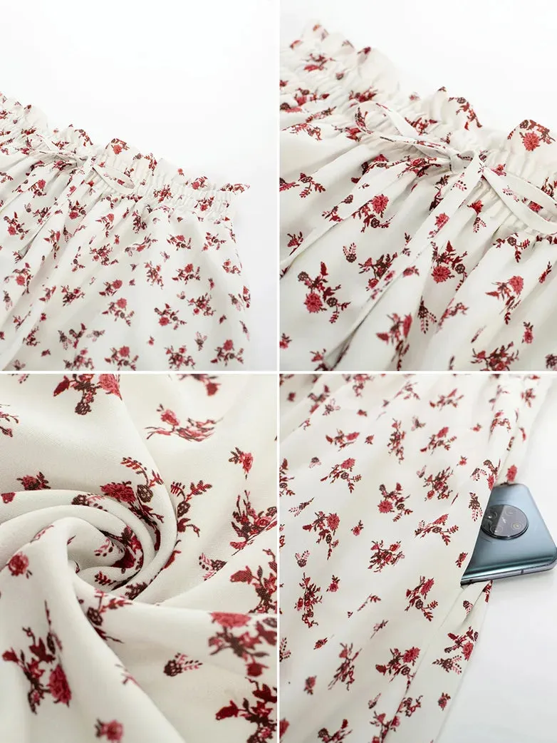 Women Elastic Drawstring Waist Pocket Skirts Floral Swing Skirt