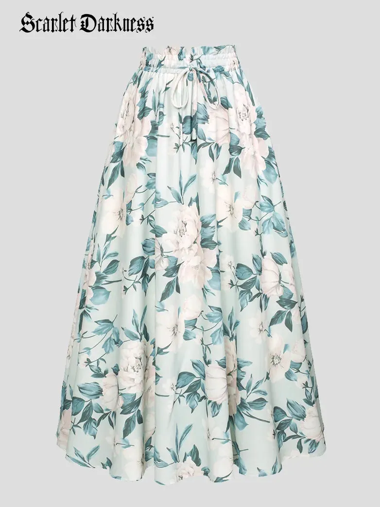 Women Elastic Drawstring Waist Pocket Skirts Floral Swing Skirt