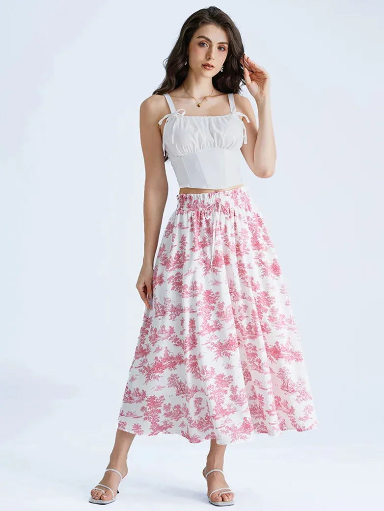 Women Elastic Drawstring Waist Pocket Skirts Floral Swing Skirt