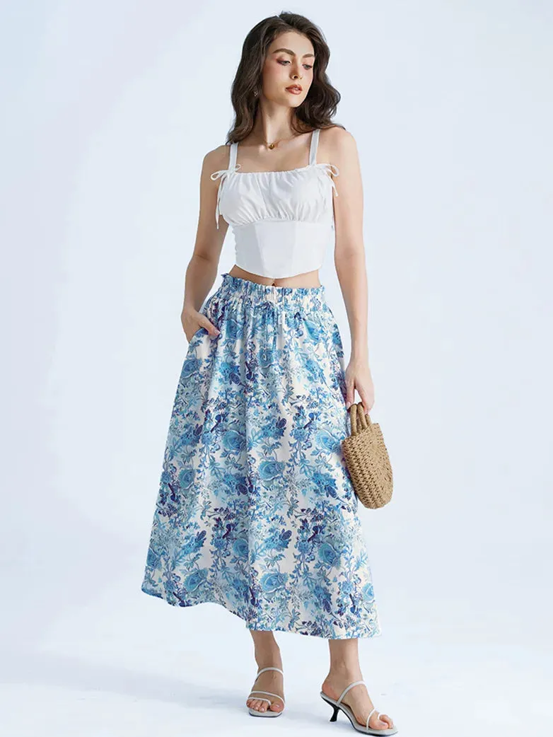 Women Elastic Drawstring Waist Pocket Skirts Floral Swing Skirt