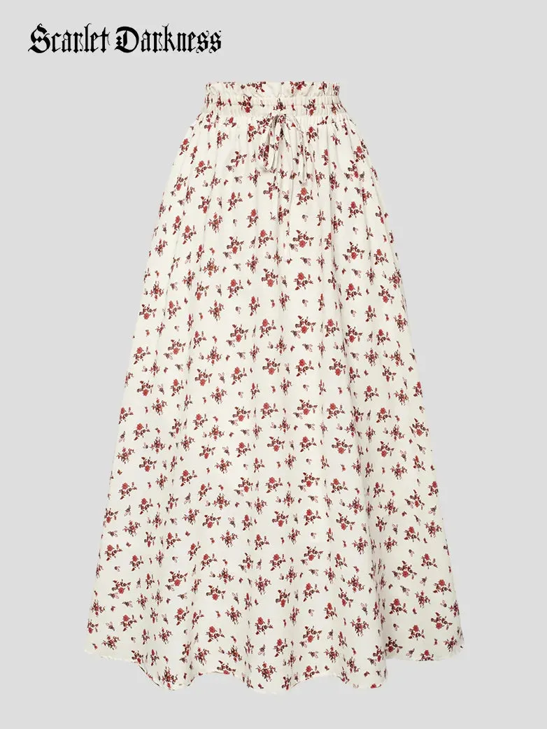 Women Elastic Drawstring Waist Pocket Skirts Floral Swing Skirt