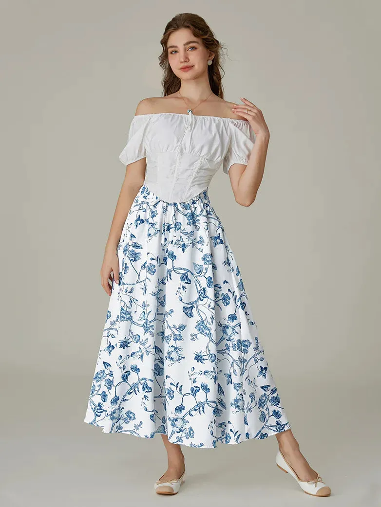Women Elastic Drawstring Waist Pocket Skirts Floral Swing Skirt