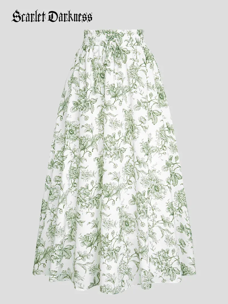 Women Elastic Drawstring Waist Pocket Skirts Floral Swing Skirt