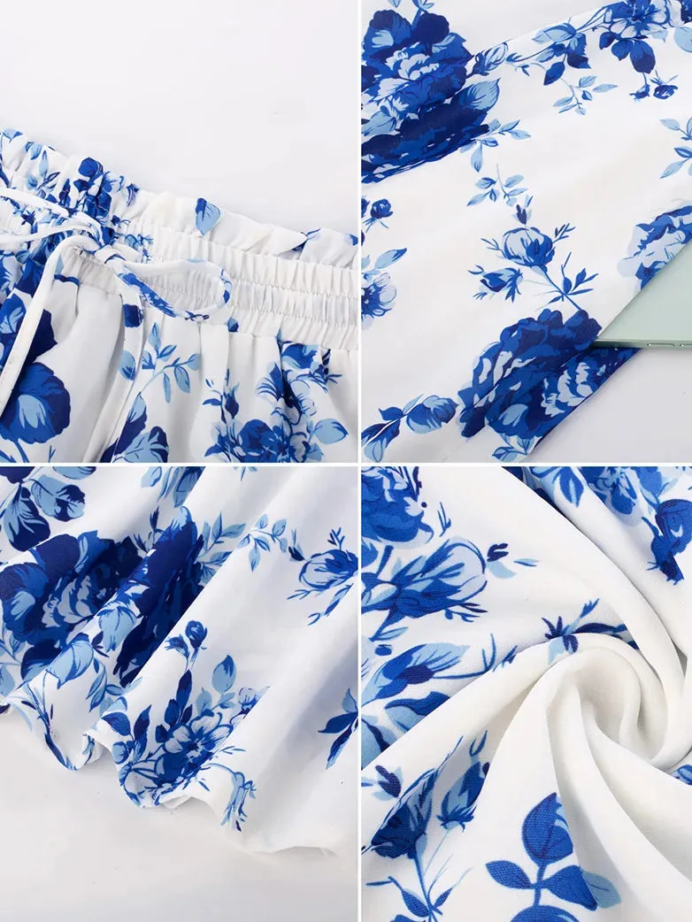 Women Elastic Drawstring Waist Pocket Skirts Floral Swing Skirt