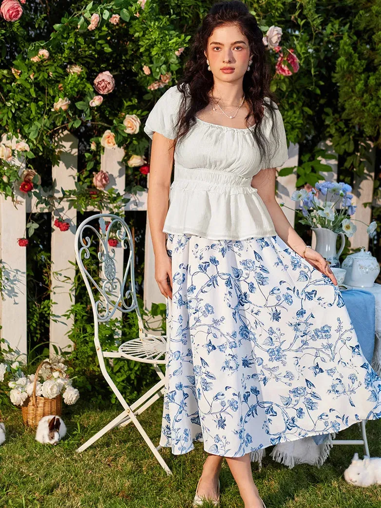 Women Elastic Drawstring Waist Pocket Skirts Floral Swing Skirt
