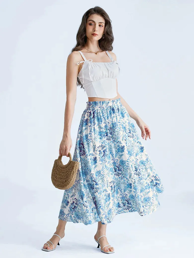 Women Elastic Drawstring Waist Pocket Skirts Floral Swing Skirt