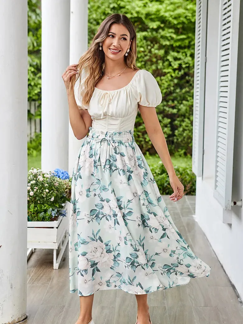 Women Elastic Drawstring Waist Pocket Skirts Floral Swing Skirt