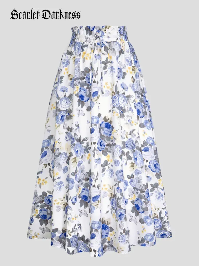 Women Elastic Drawstring Waist Pocket Skirts Floral Swing Skirt