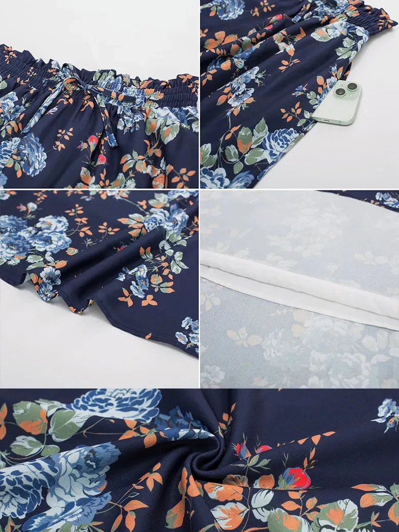 Women Elastic Drawstring Waist Pocket Skirts Floral Swing Skirt
