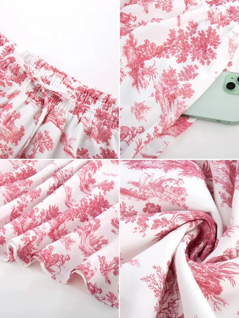 Women Elastic Drawstring Waist Pocket Skirts Floral Swing Skirt
