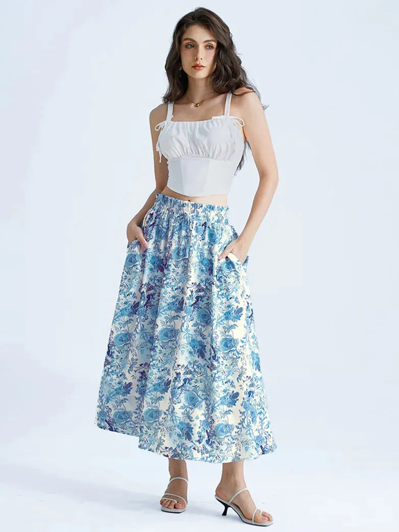 Women Elastic Drawstring Waist Pocket Skirts Floral Swing Skirt