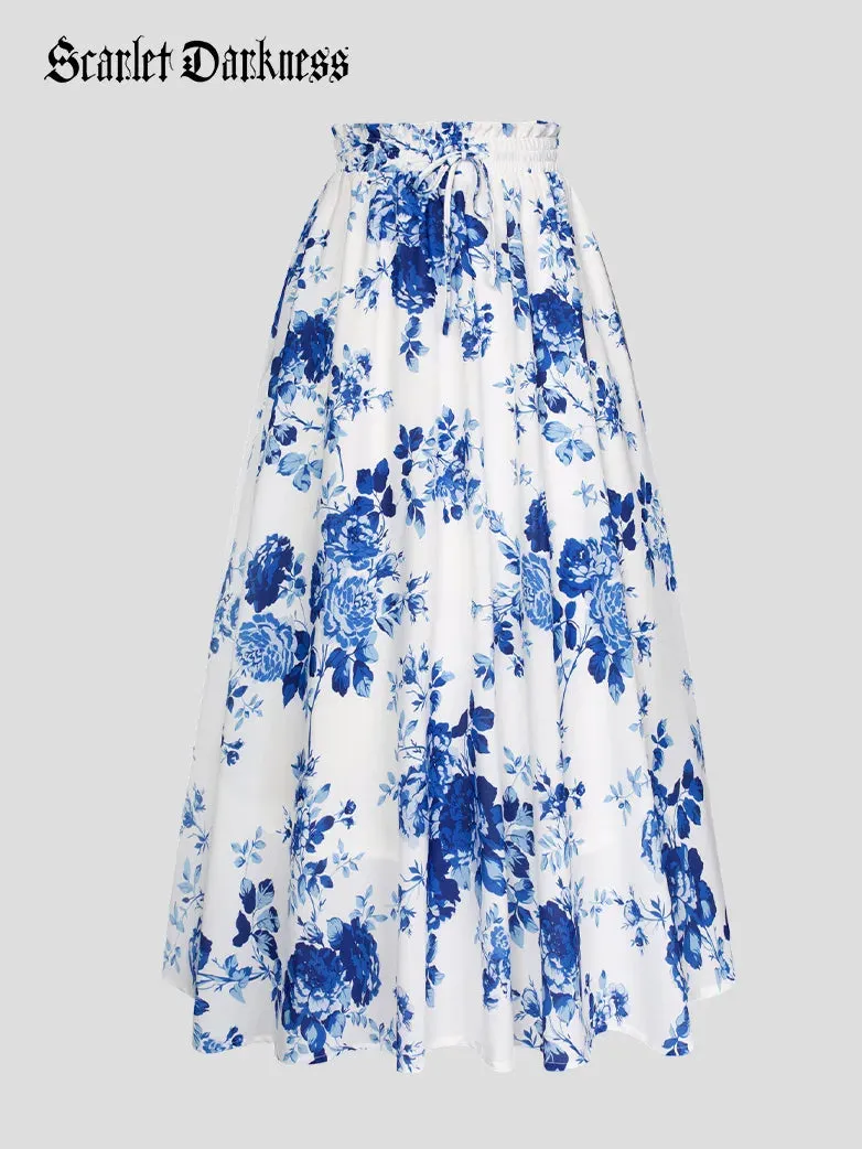 Women Elastic Drawstring Waist Pocket Skirts Floral Swing Skirt