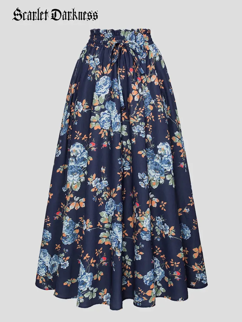 Women Elastic Drawstring Waist Pocket Skirts Floral Swing Skirt