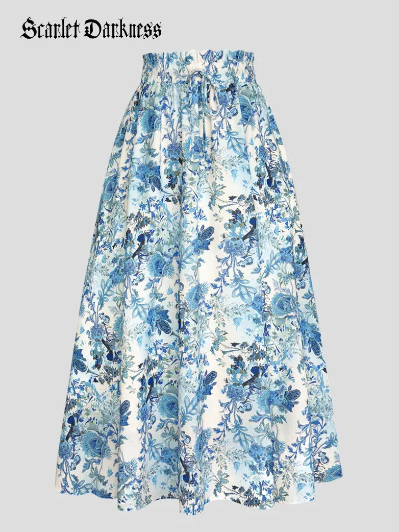 Women Elastic Drawstring Waist Pocket Skirts Floral Swing Skirt