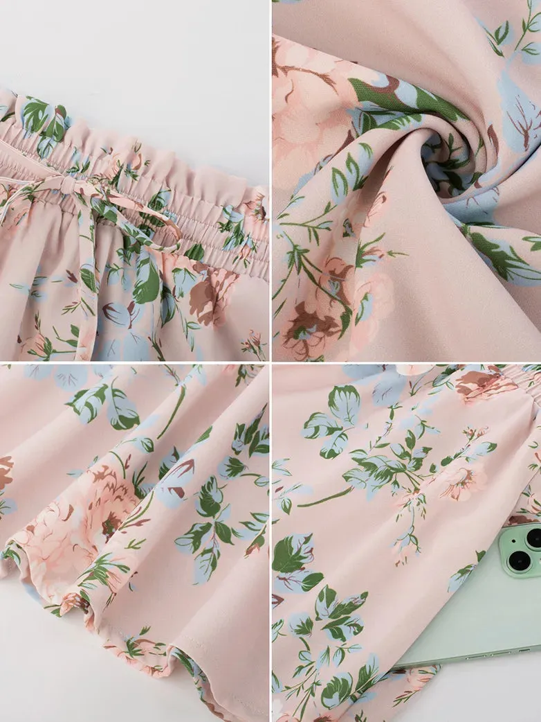 Women Elastic Drawstring Waist Pocket Skirts Floral Swing Skirt