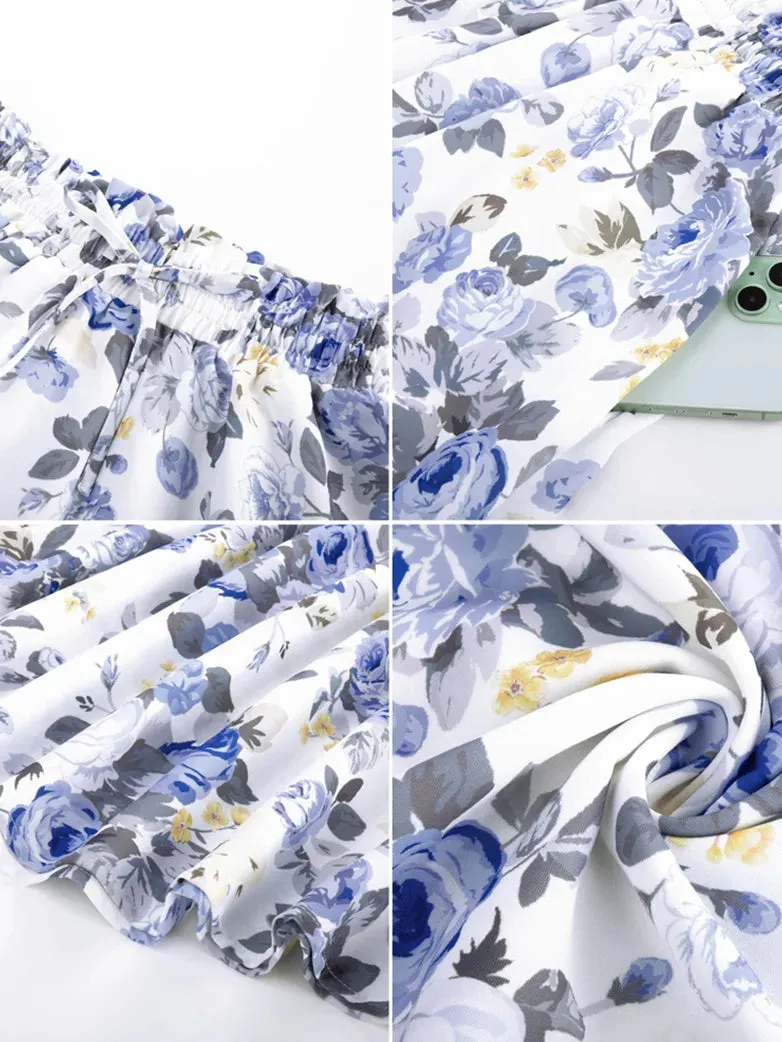 Women Elastic Drawstring Waist Pocket Skirts Floral Swing Skirt