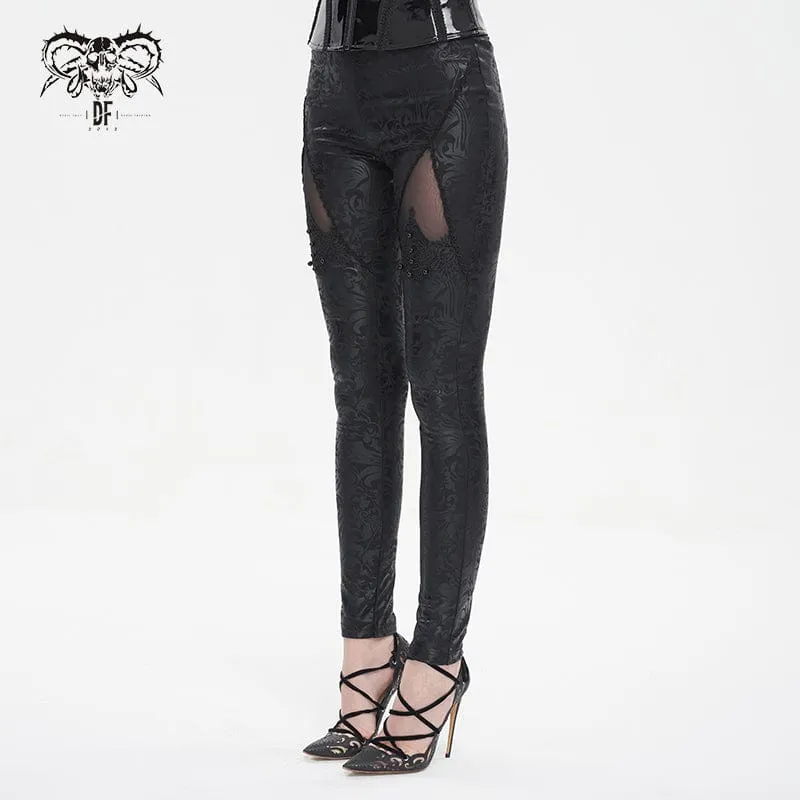 Women's Gothic Floral Embroidered Mesh Splice Leggings