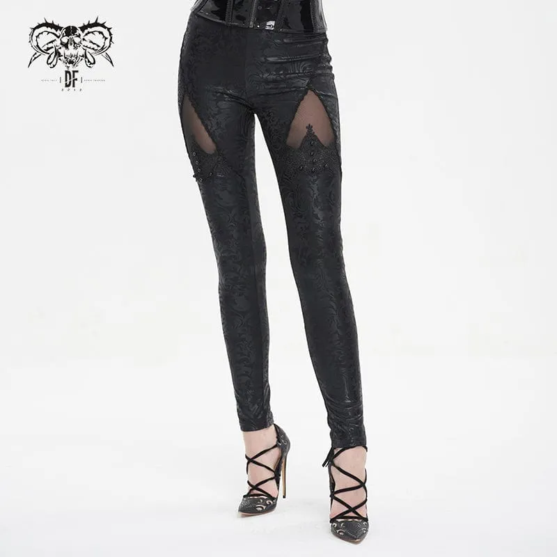 Women's Gothic Floral Embroidered Mesh Splice Leggings