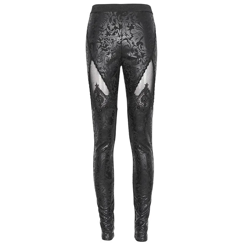 Women's Gothic Floral Embroidered Mesh Splice Leggings