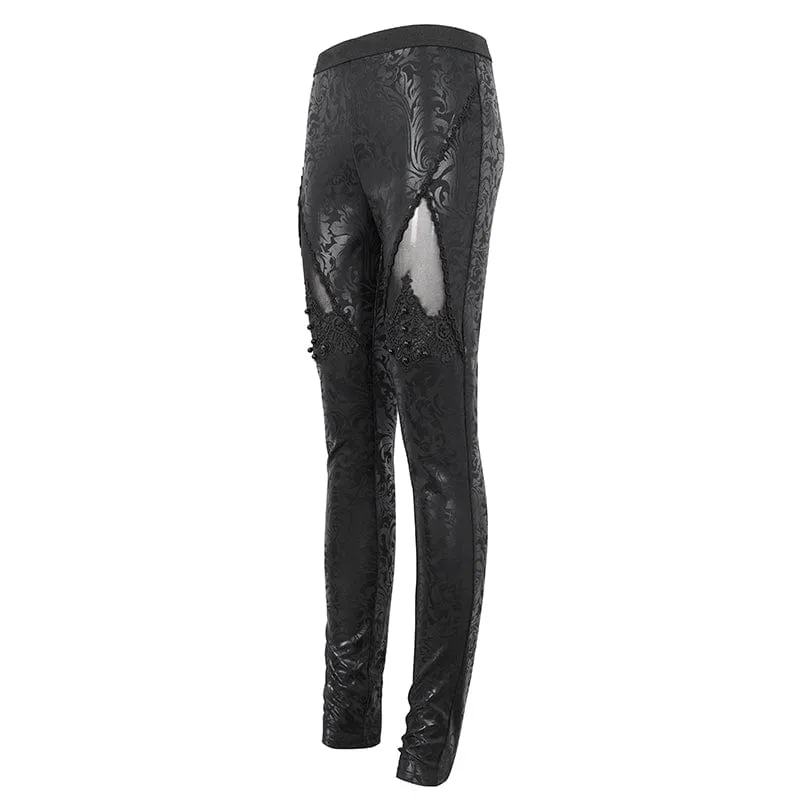 Women's Gothic Floral Embroidered Mesh Splice Leggings