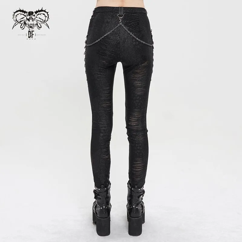 Women's Gothic Metal Chain Ripped Leggings