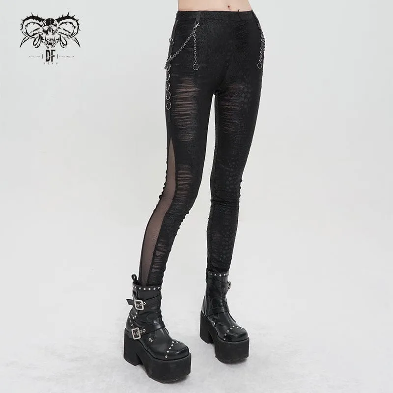 Women's Gothic Metal Chain Ripped Leggings