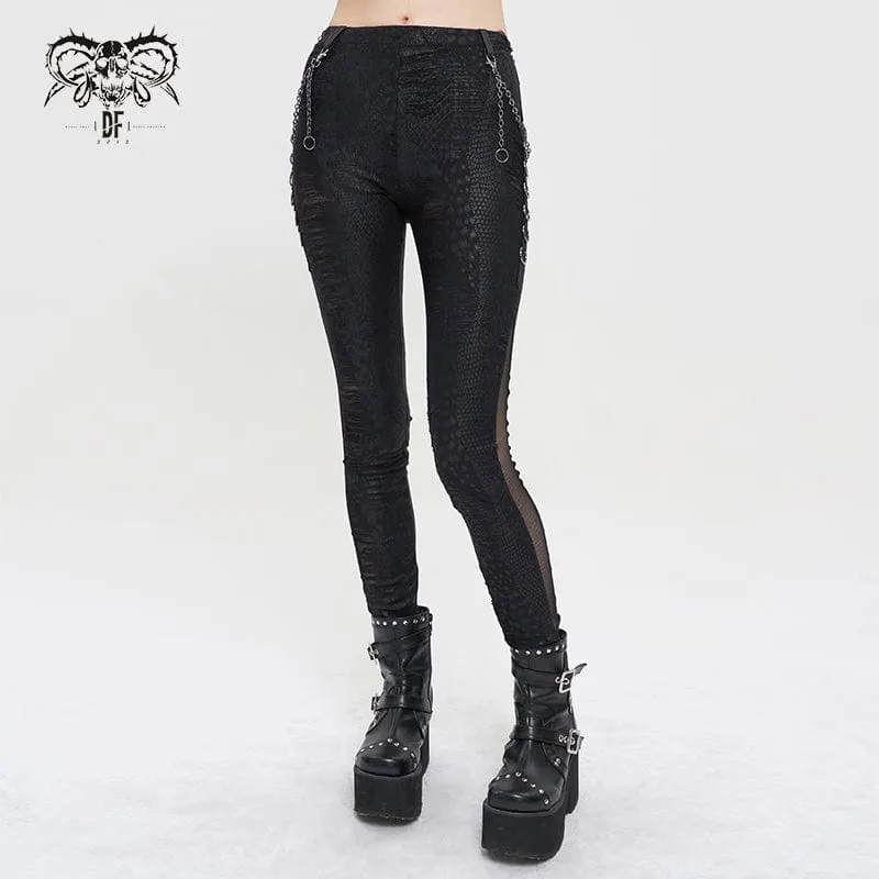 Women's Gothic Metal Chain Ripped Leggings