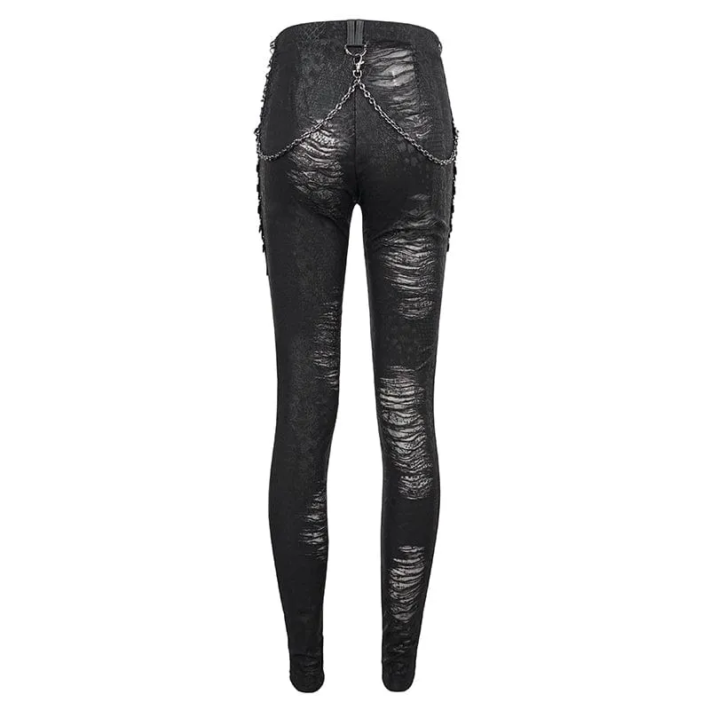 Women's Gothic Metal Chain Ripped Leggings