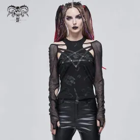 Women's Gothic Pentagram Cutout Mesh Splice Top