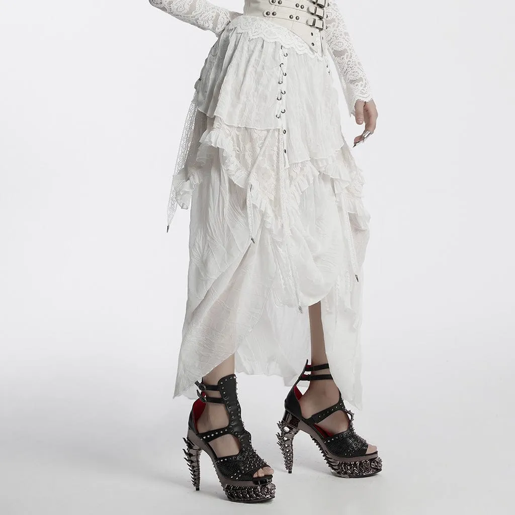 Women's Gothic Ruffled Lace Splice Chiffon Lace-up High/low Skirt