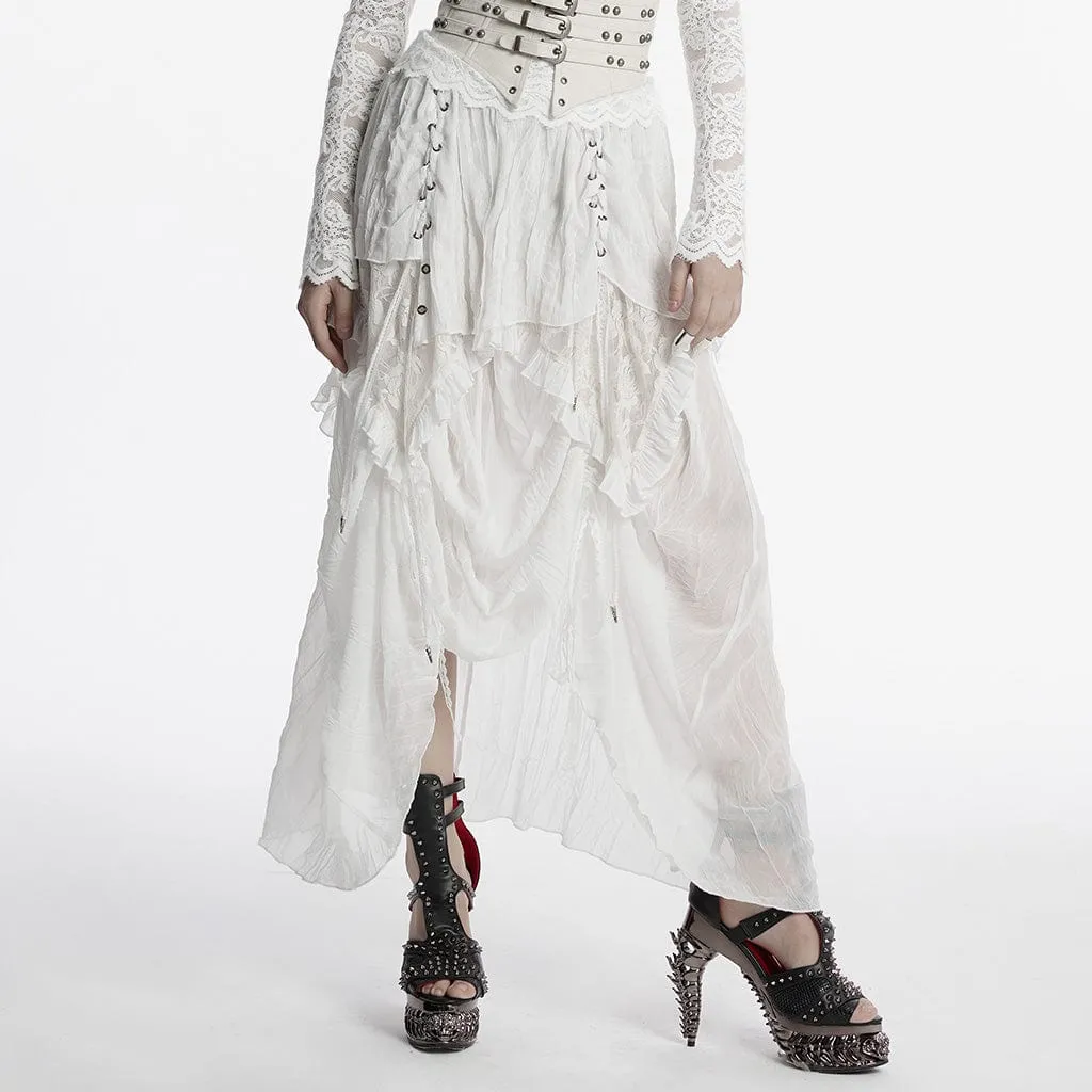 Women's Gothic Ruffled Lace Splice Chiffon Lace-up High/low Skirt